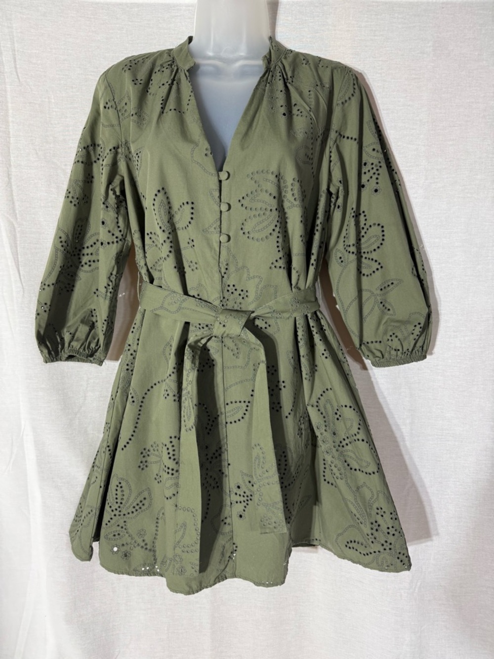 Zara Olive Eyelet Belted Mini Dress Size XSMALL